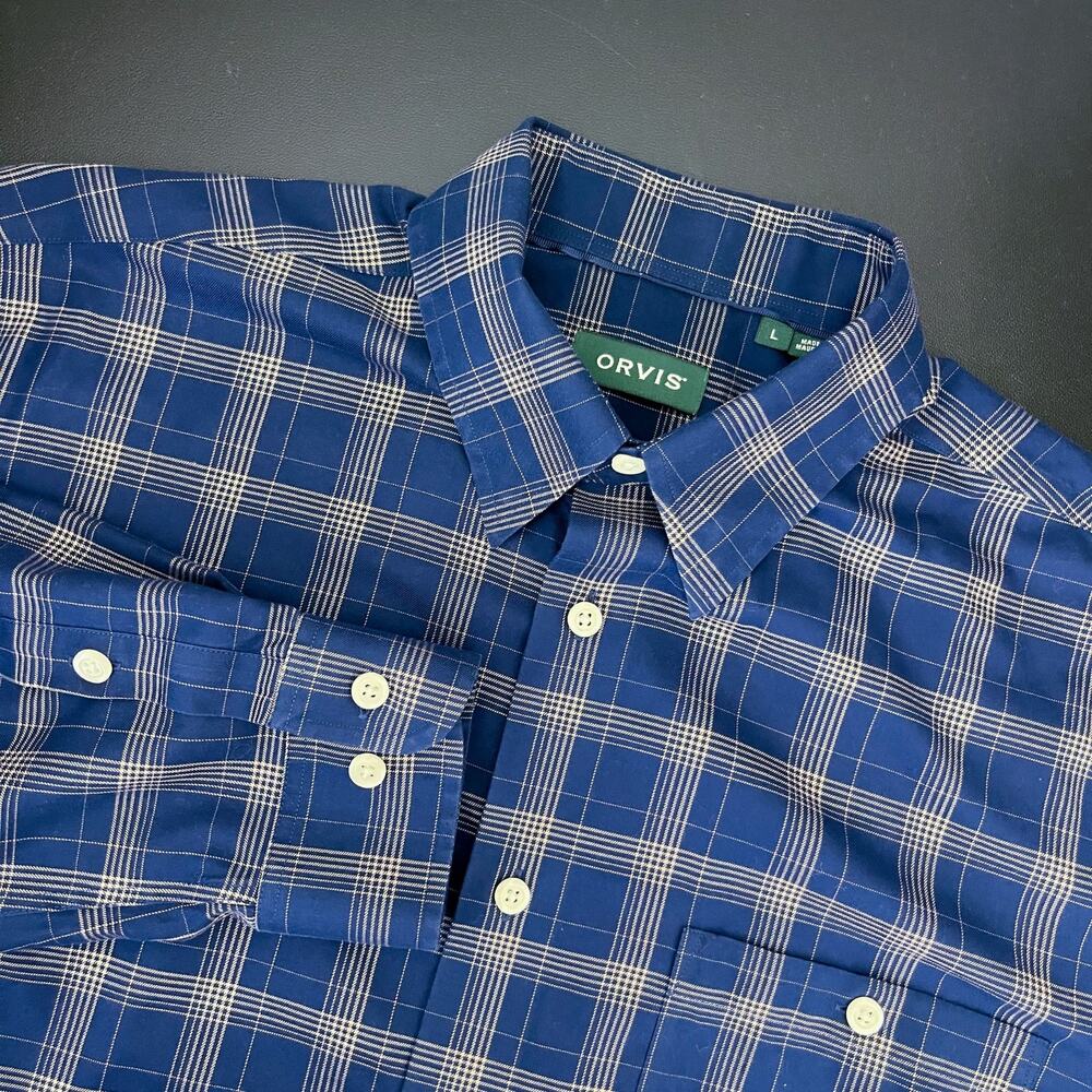 Orvis Shirt Mens Large Blue Plaid Button Down Long Sleeve Cotton Preppy Classic
